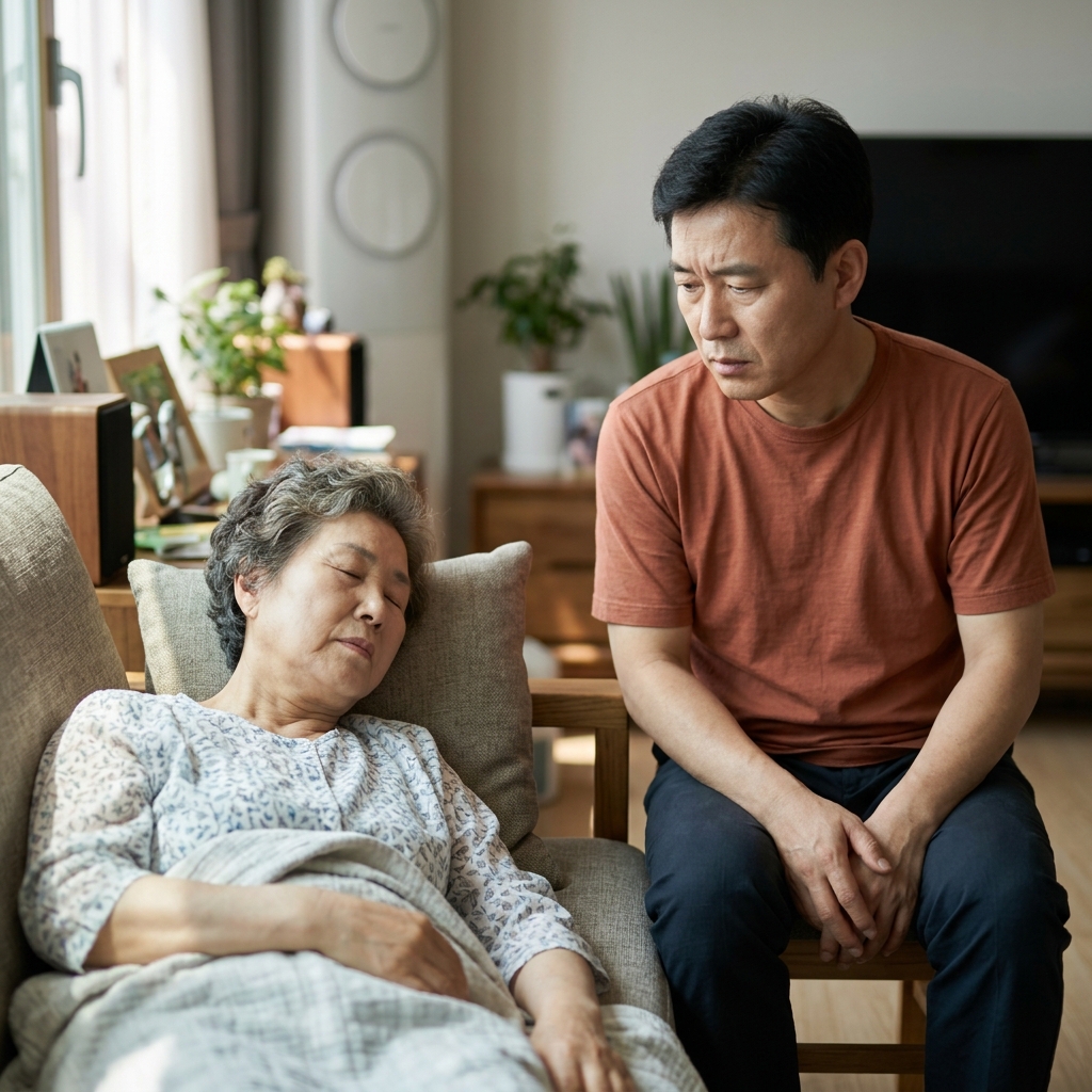 거실 소파에서 낮잠을 자고 있는 70대 어르신과 걱정스러운 표정으로 지켜보는 중년 자녀의 모습