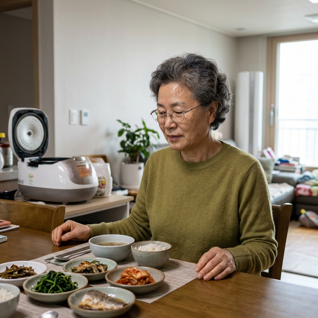 70대 여성이 식탁 앞에 앉아 반찬을 보며 고개를 가볍게 젓고 있는 모습, 긴팔 니트 차림, 실내 자연광