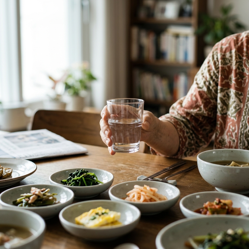 식탁 위 반찬 그릇과 물컵, 70대 여성의 손이 물컵을 쥐고 있는 장면, 실내 조명