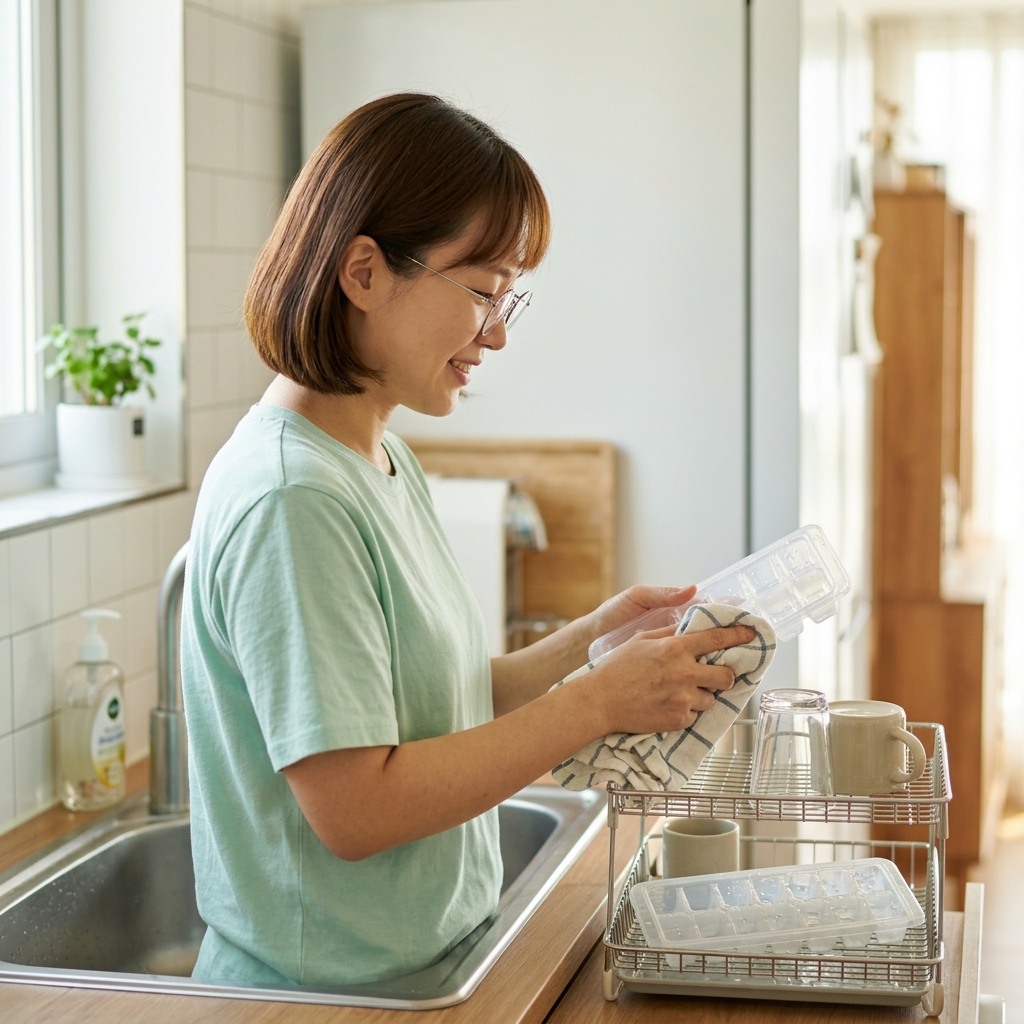 밝은 주방에서 얼음틀을 행주로 닦아 말리고 있는 모습, 싱크대 옆 통풍 선반 위