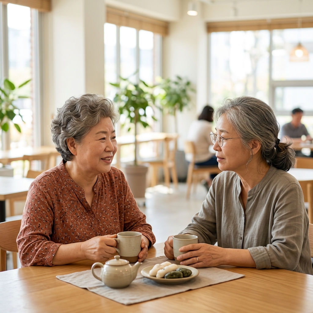 밝은 실내에서 70대 한국인 여성 두 명이 탁자 앞에 앉아 차를 마시며 편안하게 대화를 나누는 모습