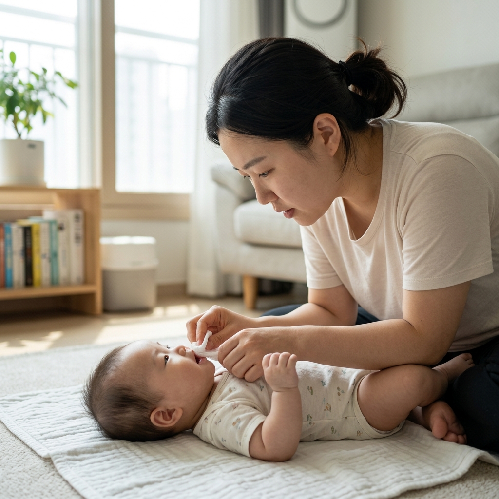 엄마가 밝은 실내에서 부드러운 거즈로 아기 입안을 살피고 있는 모습, 아기는 편안한 표정으로 누워 있고 엄마는 신중하게 관찰 중