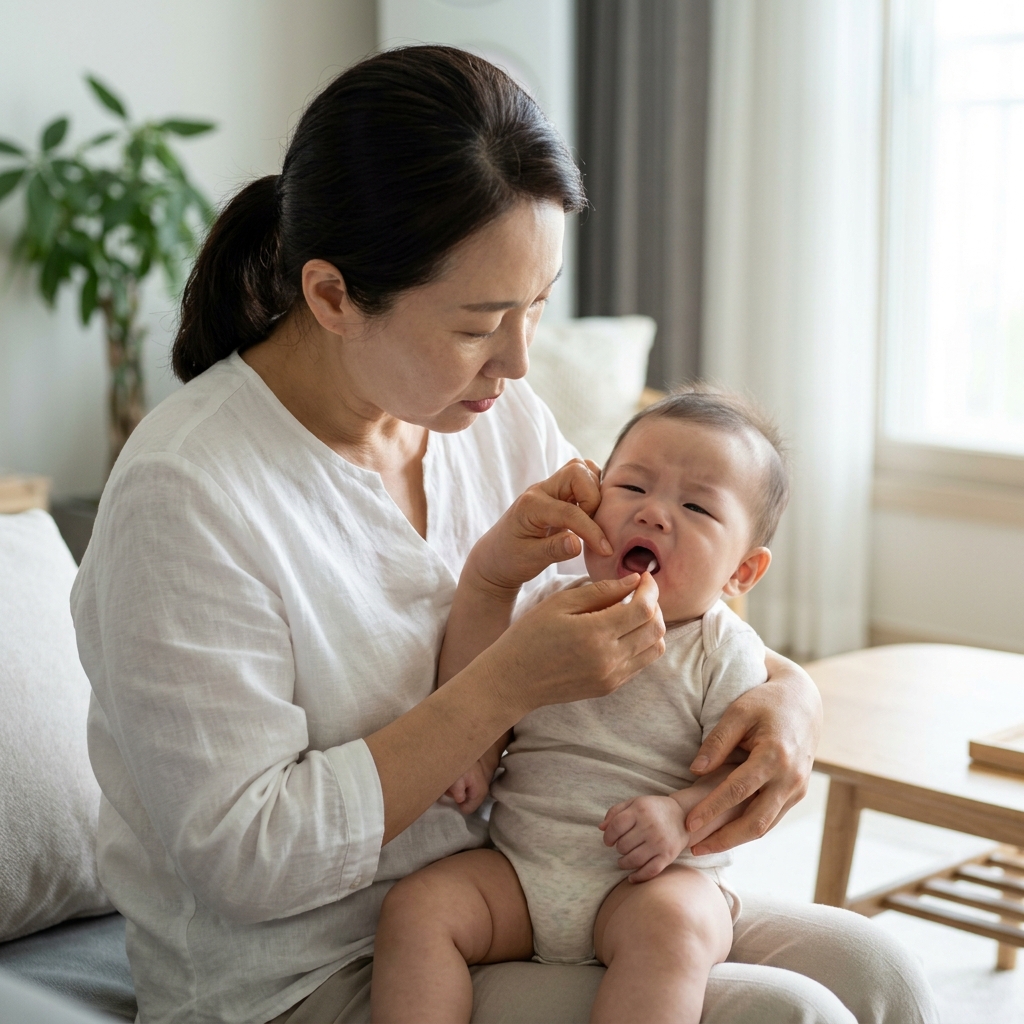 밝은 조명 아래에서 아기 입을 부드럽게 벌려 입안 점막을 관찰하는 장면, 아기는 조금 불편해하는 표정이지만 엄마가 신중하게 확인 중