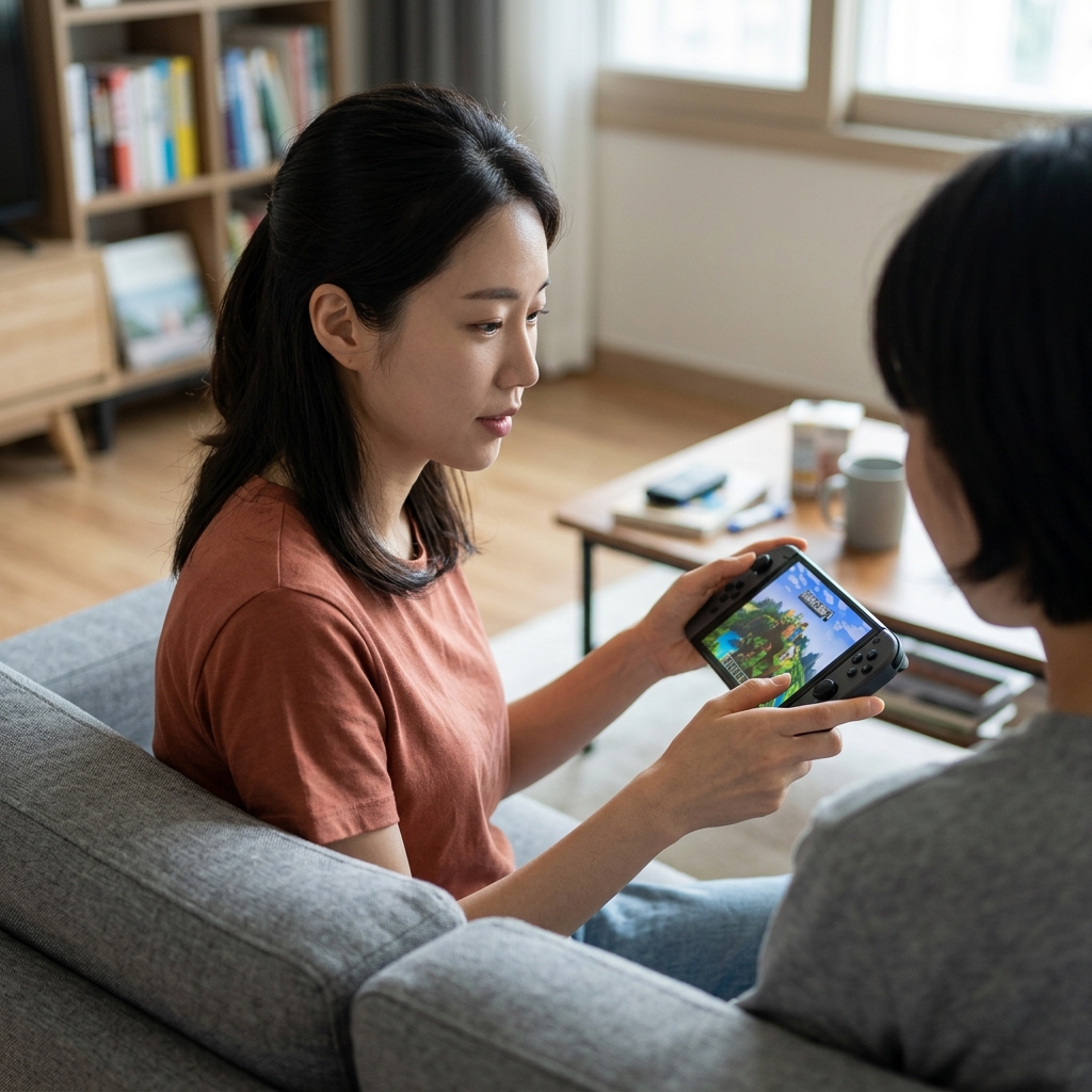 닌텐도 스위치 2를 들고 마인크래프트를 즐기는 한국인 게이머