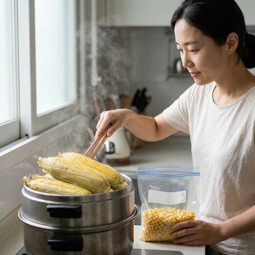 껍질째 김이 오르는 찜통 위 옥수수와 냉동 보관용 지퍼백에 담긴 옥수수 알맹이