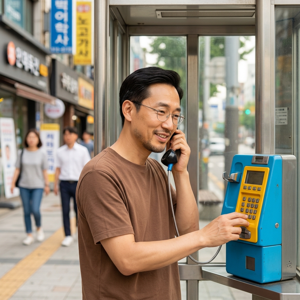 공중전화를 사용하는 사람의 모습