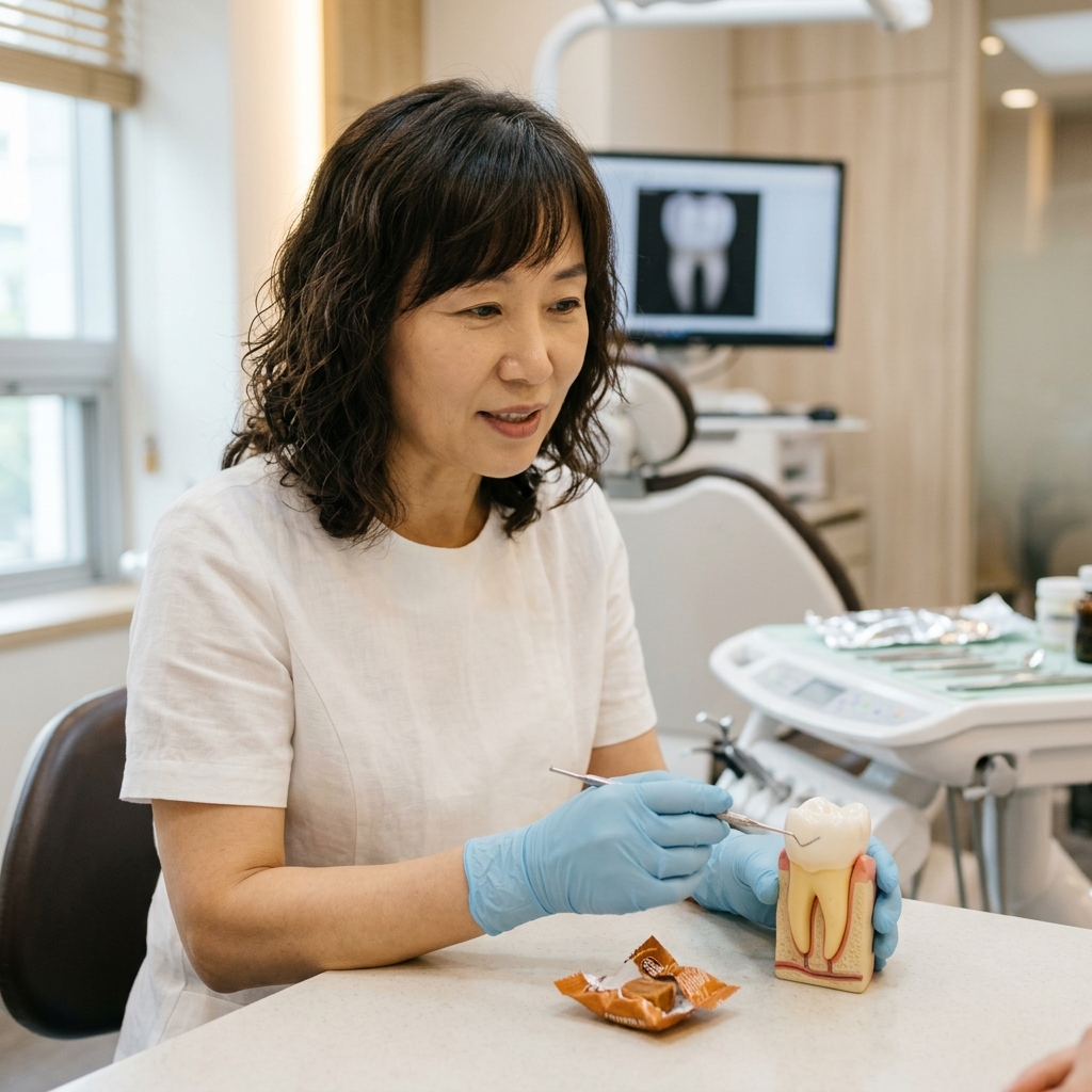 치과 진료실 조명 아래 치아 모형과 작은 캐러멜 포장지, 의료 장갑 낀 손이 설명하는 모습