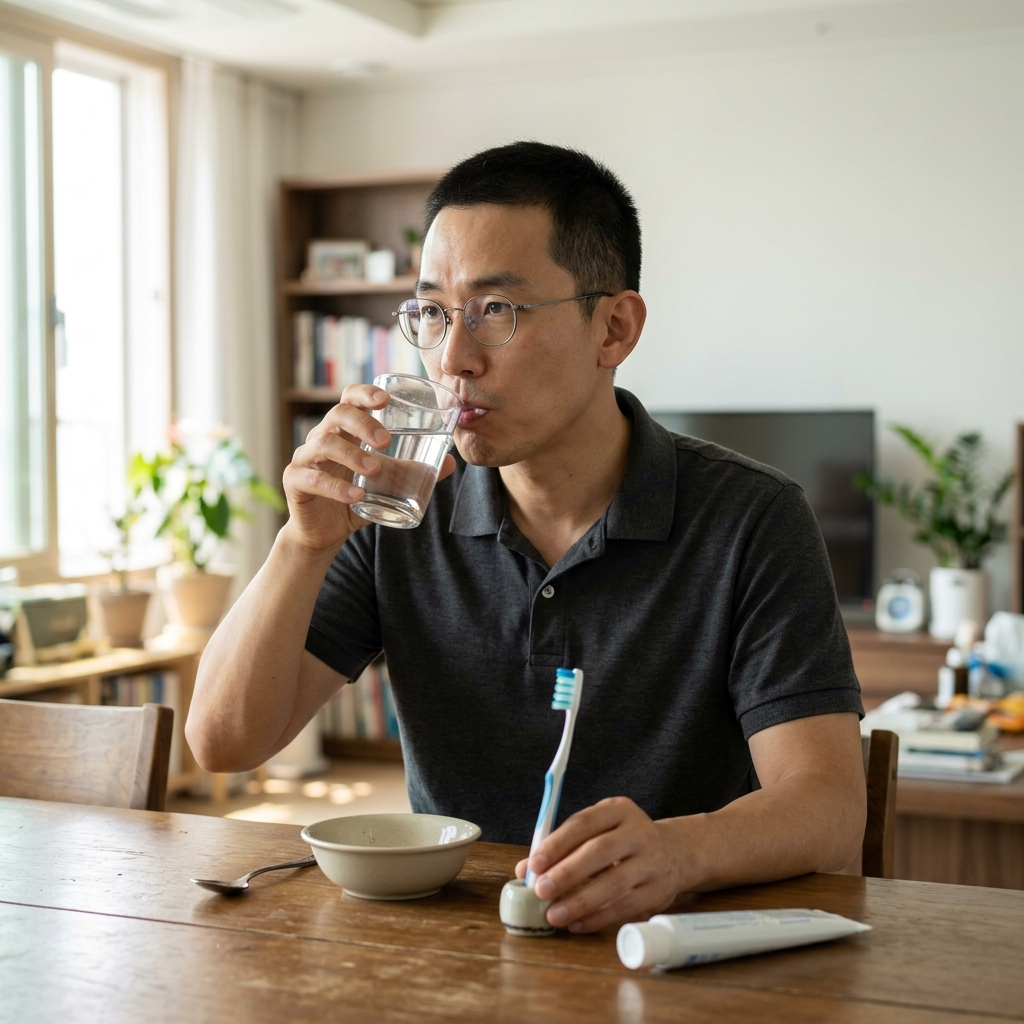 식탁 위 물잔과 칫솔, 중년 남성이 간식 먹은 후 물로 입을 헹구는 모습