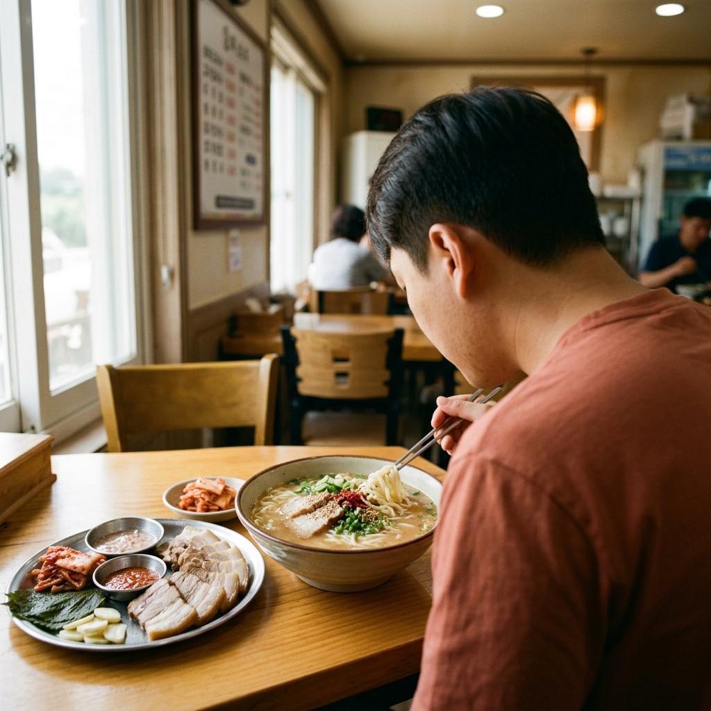 제주 고기국수 한 그릇과 수육이 함께 담긴 테이블 장면