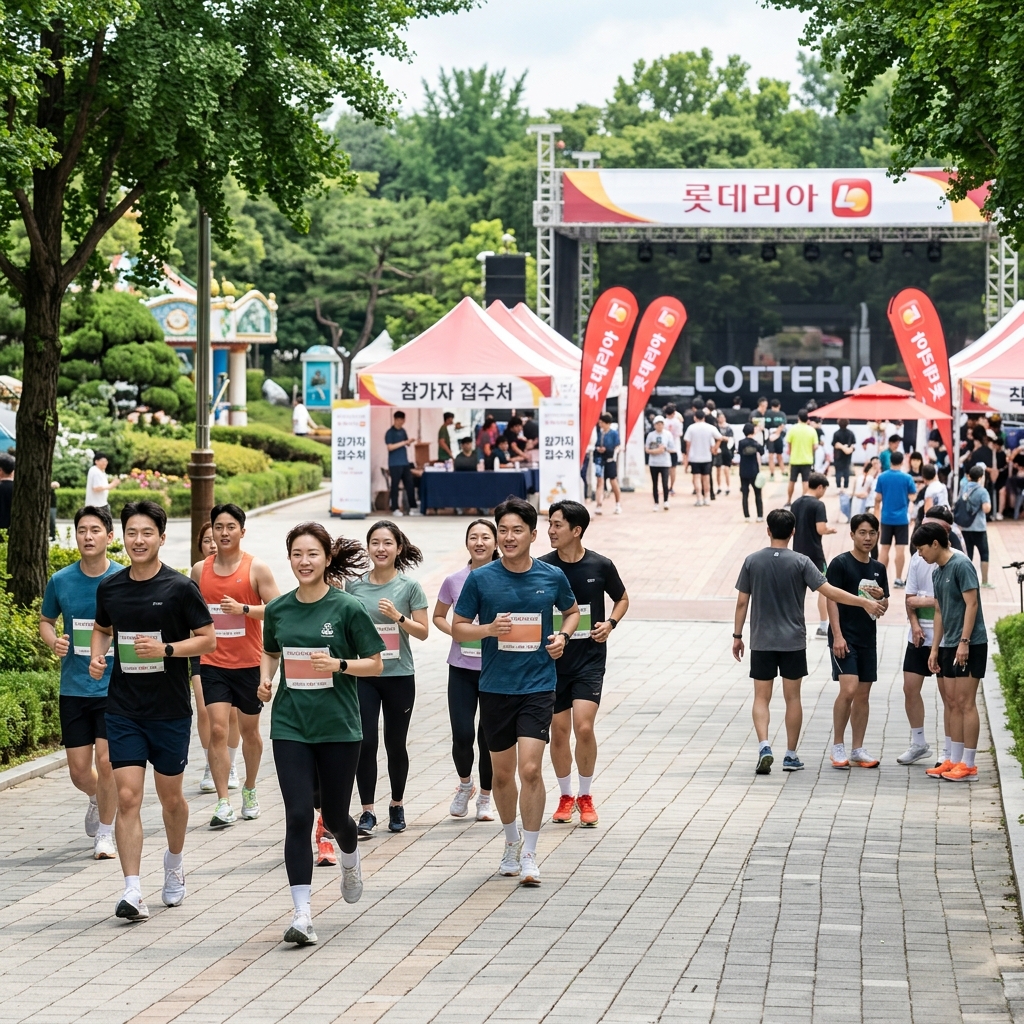 서울어린이대공원에서 러닝복 입고 함께 달리는 참가자들과 롯데리아 로고가 보이는 행사장 모습