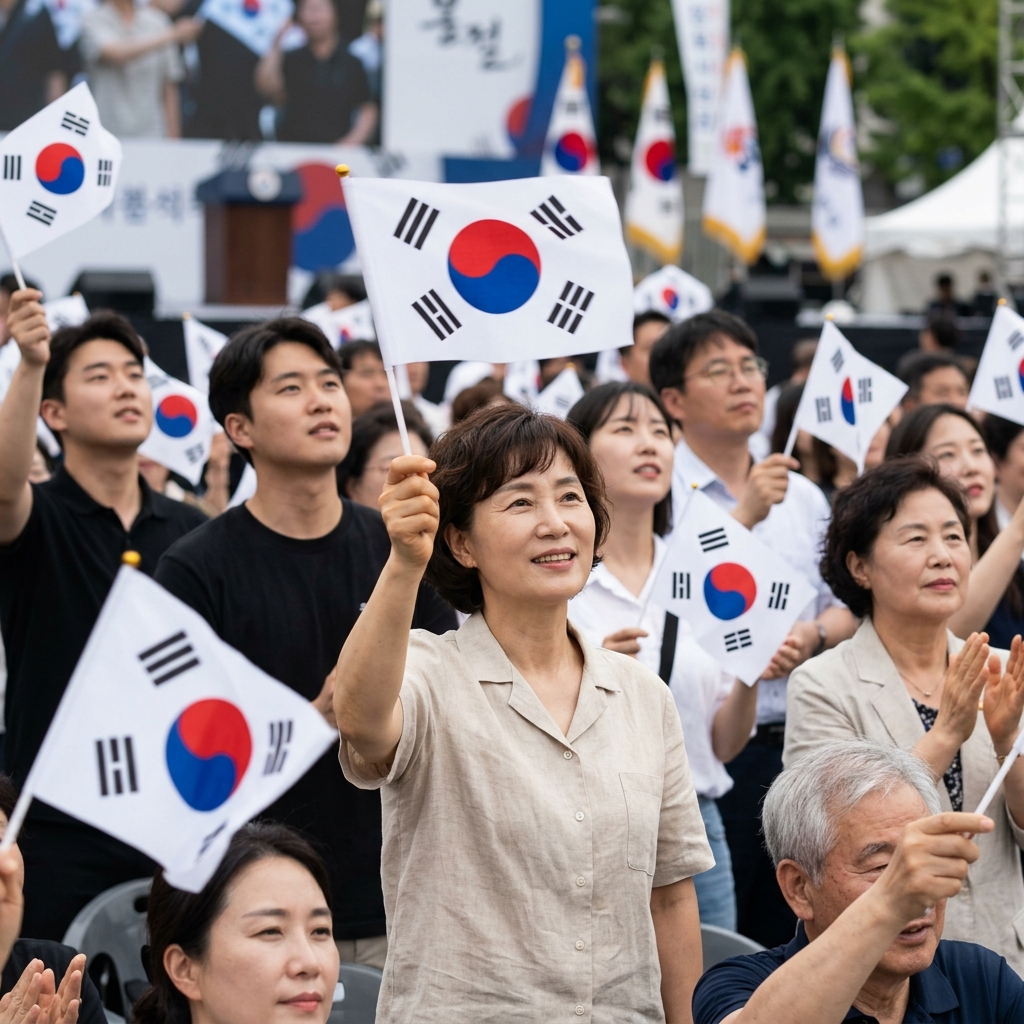 광복절 기념식에서 태극기를 흔드는 사람들의 모습