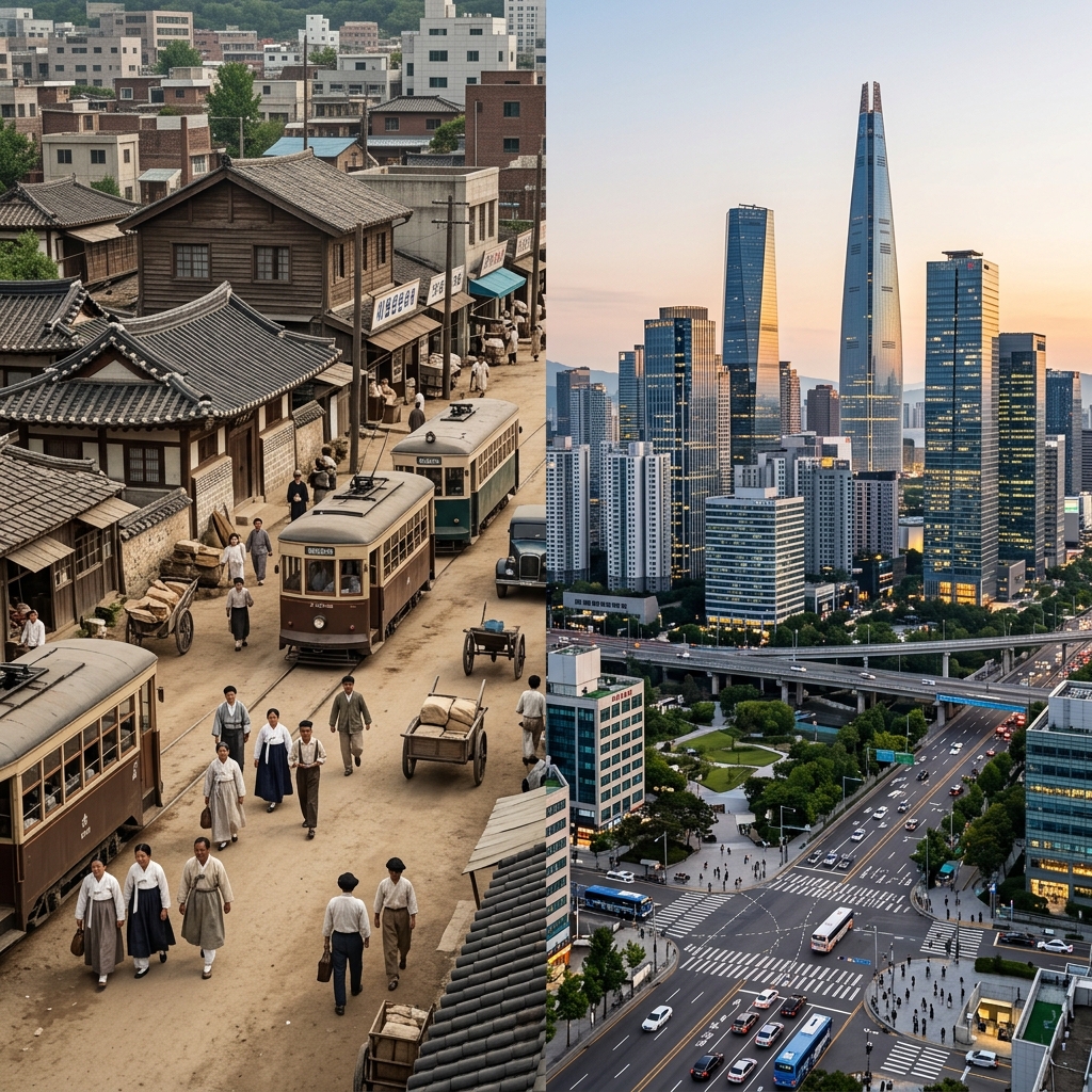 1945년 서울 거리와 2026년 서울 고층 빌딩 풍경을 나란히 보여주는 장면