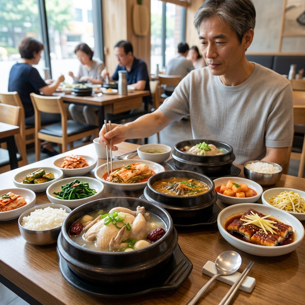 여름철 복날 식탁에 차려진 다양한 보양식 그릇들