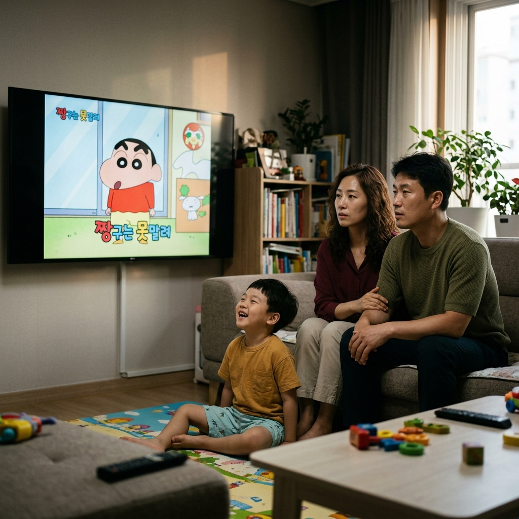 TV 앞에서 짱구를 보며 걱정스러운 표정의 부모와 웃고 있는 아이