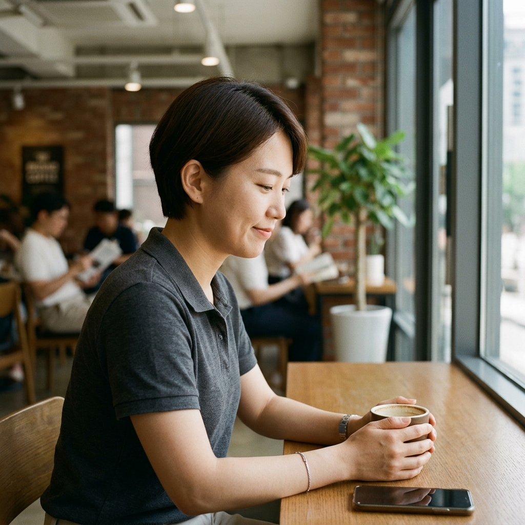 카페에서 미소 짓고 있지만 우울한 표정의 현대인
