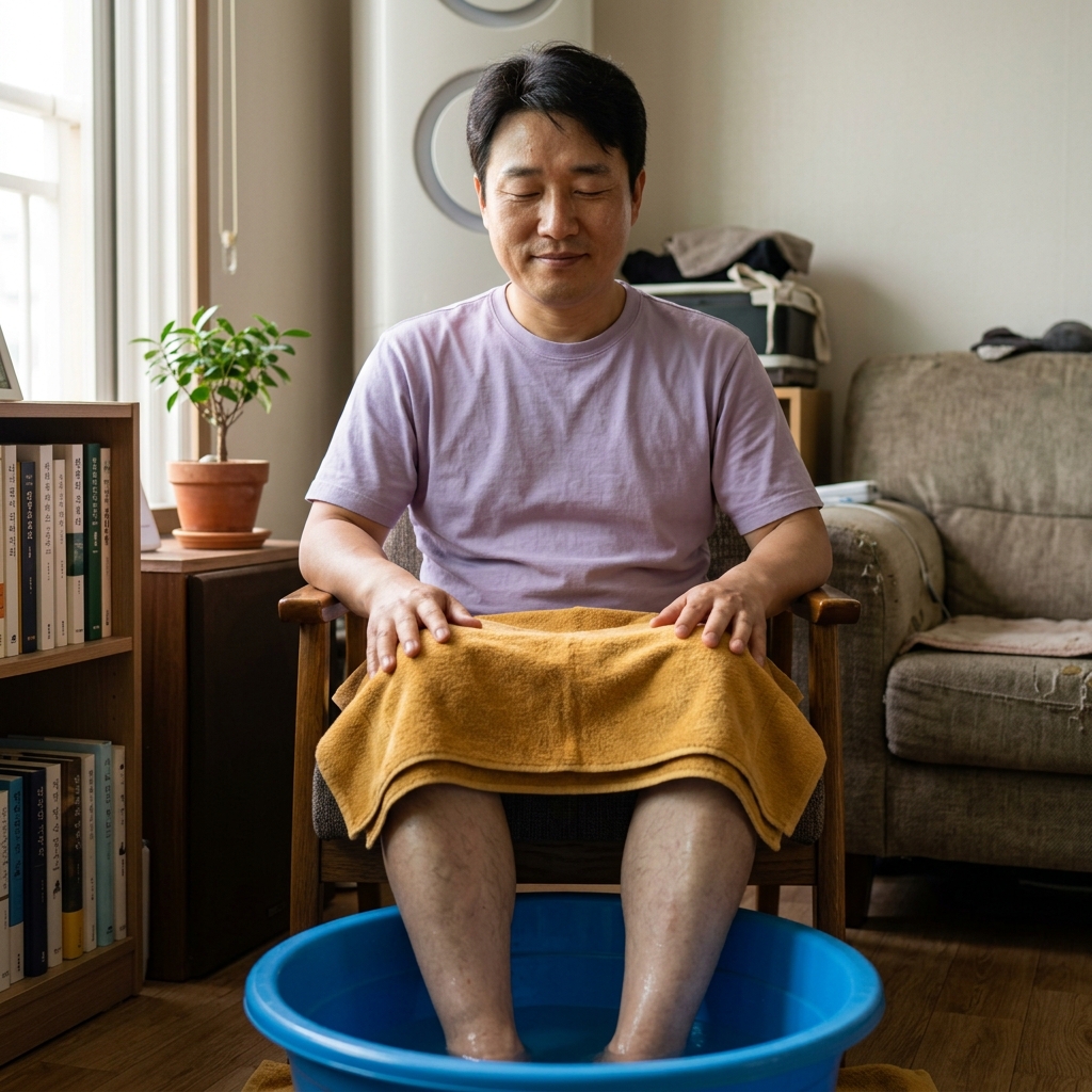 대야에 발을 담그고 앉아 있는 중년 여성이 따뜻한 수건을 무릎 위에 올려두고 눈을 감고 쉬는 모습
