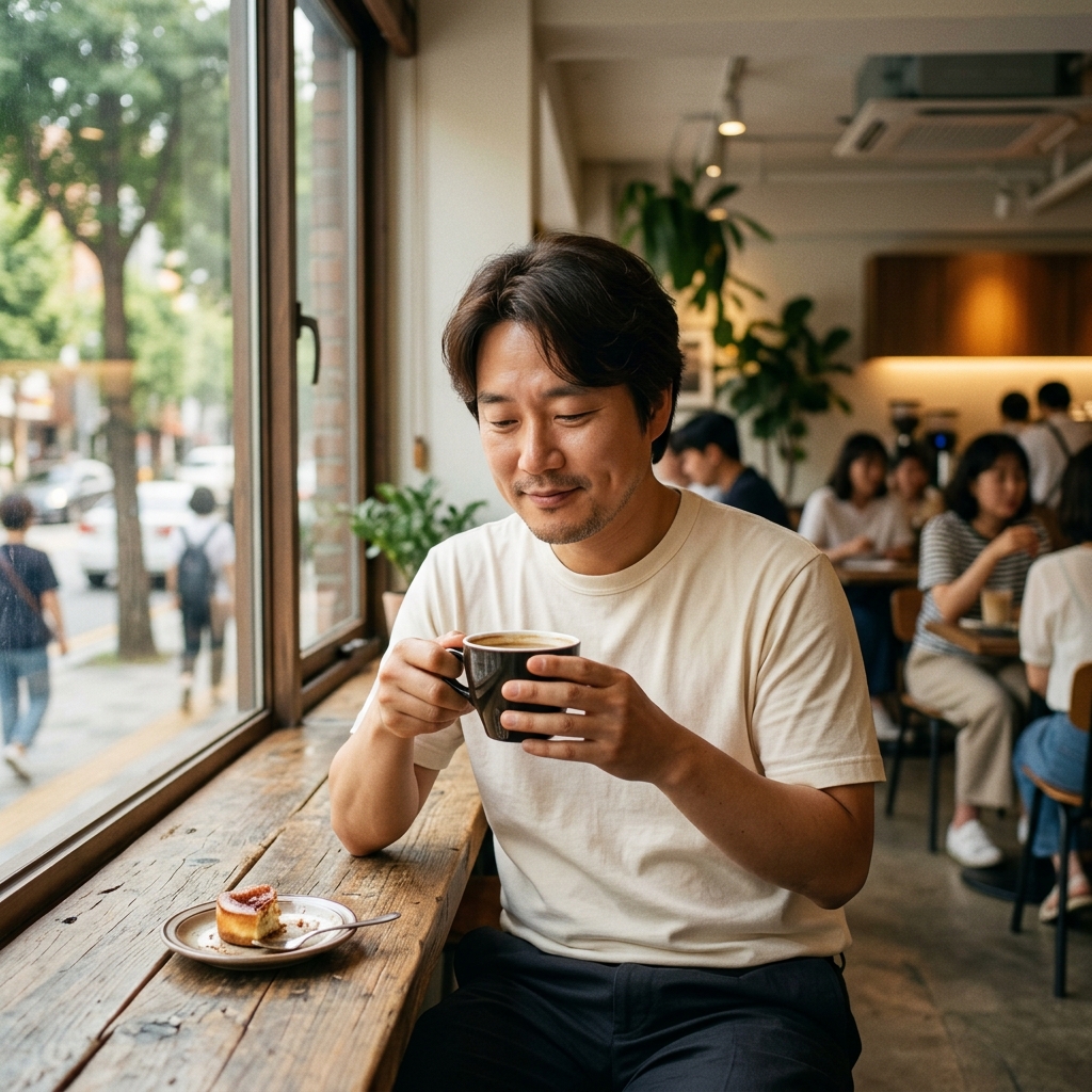 창가 자리에서 따뜻한 커피를 두 손으로 감싸 쥔 중년 여성