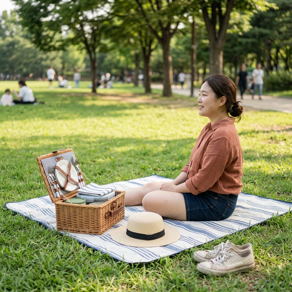 공원 잔디 위에 돗자리를 펼치고 라탄바구니와 밀짚모자를 놓은 피크닉 장면, 햇빛이 부드럽게 비치는 자연 속 휴식 풍경