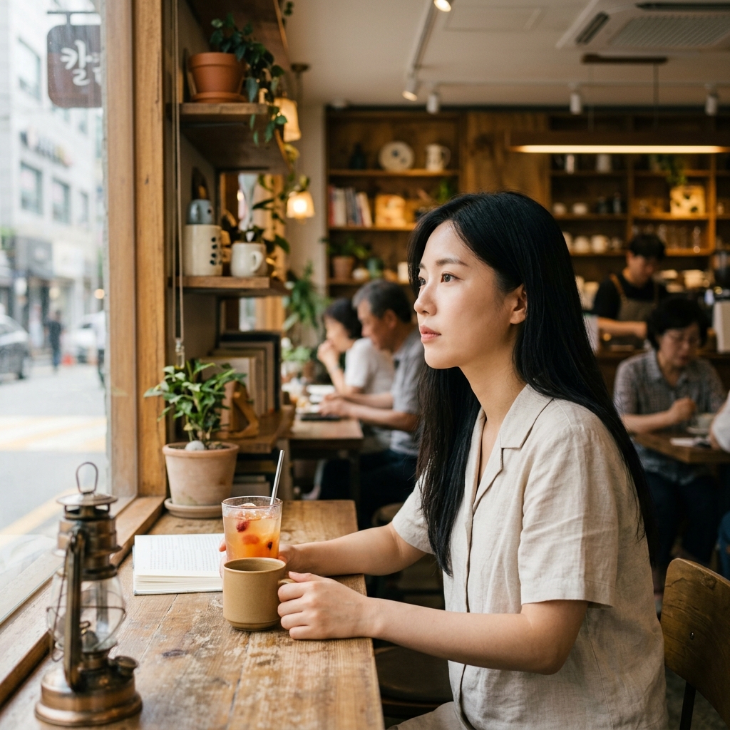 도심 속 감성 카페 실내, 창가 자리에 앉아 음료를 앞에 둔 사람과 인테리어 소품이 어우러진 분위기