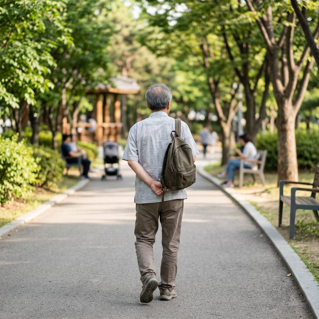 햇살 좋은 공원 산책로를 가벼운 옷차림으로 걷고 있는 60대 후반 한국인의 뒷모습