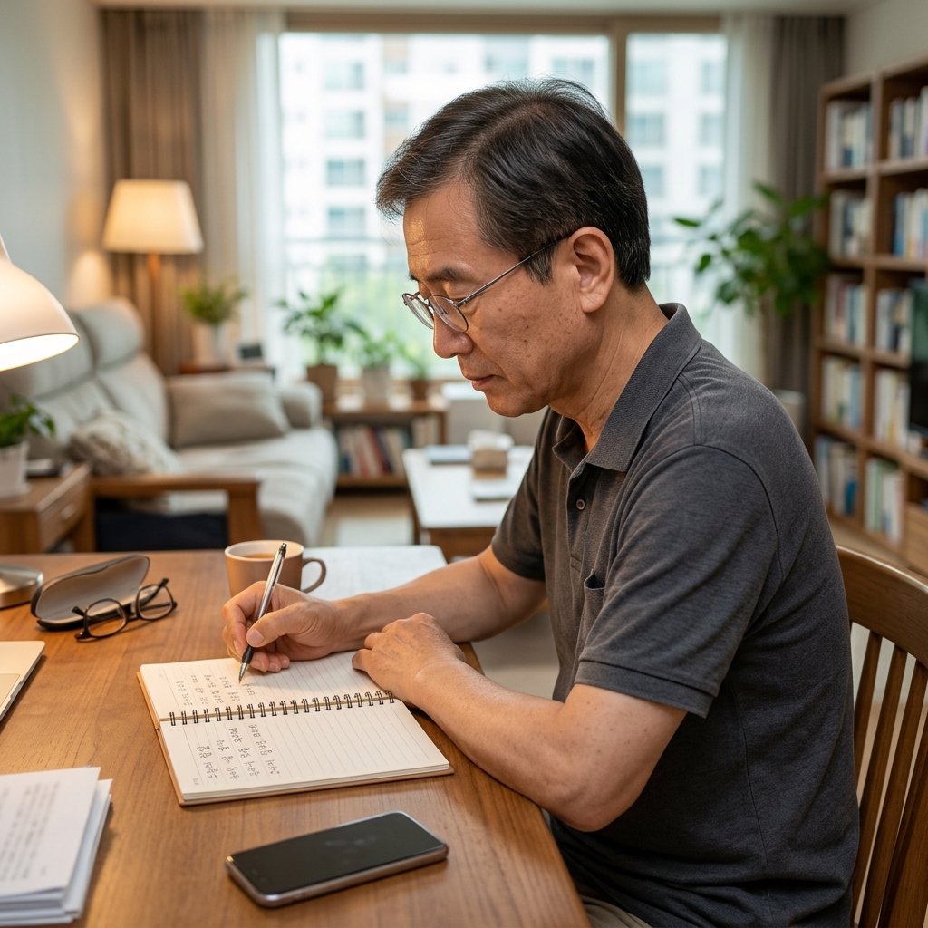 70대 초반 한국인이 거실 책상에서 공책에 무언가를 적고 있는 모습, 따뜻한 실내 조명, 안경을 쓴 차림