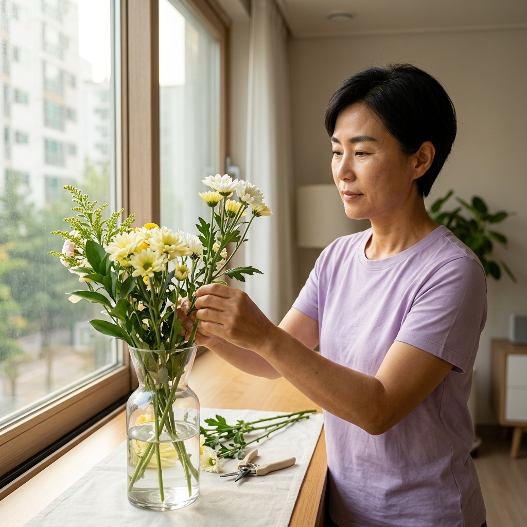 밝은 거실 창가 화병에 계절 꽃을 직접 꽂아 정리하는 60대 중장년의 손과 담담한 표정