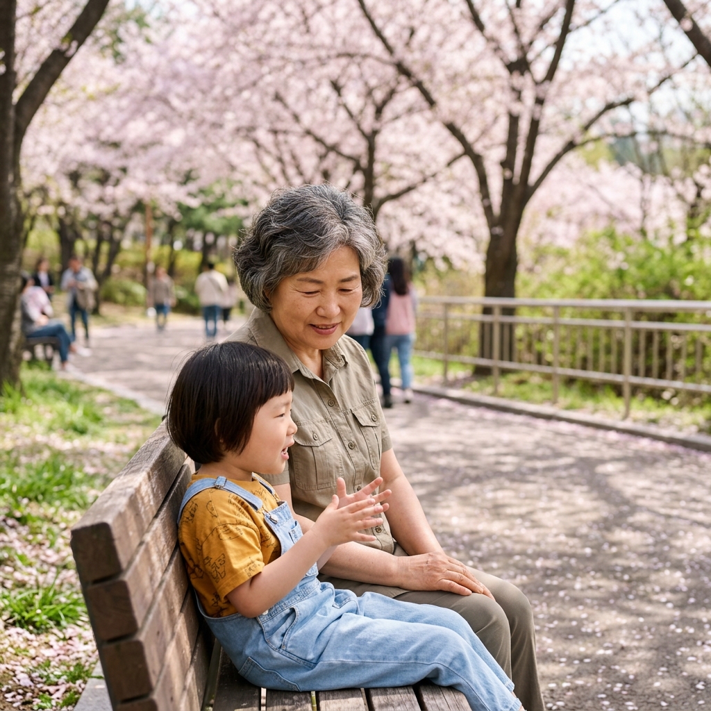 70대 초반 여성이 손주로 보이는 어린아이와 공원 벤치에 나란히 앉아 따뜻하게 대화하는 모습, 봄볕 아래 벚꽃나무 배경