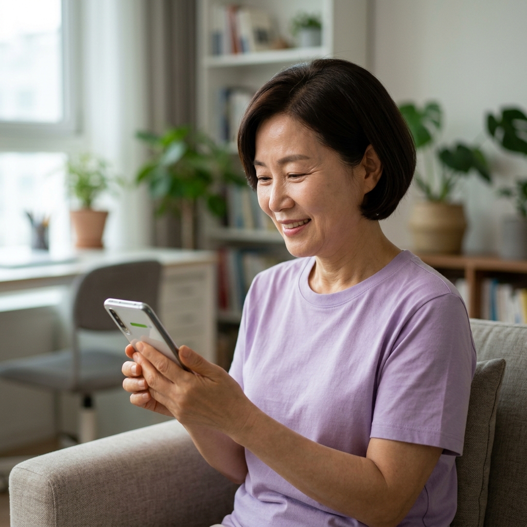 스마트폰으로 언어 학습 앱을 보며 공부하는 60대 후반 한국인의 밝은 표정, 실내 자연광, 편안한 옷차림