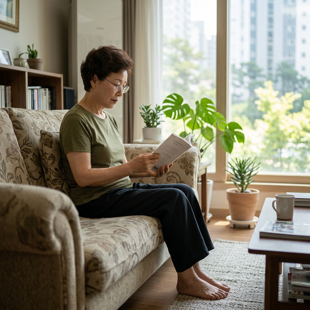 거실 소파에 허리를 곧게 세우고 깊숙이 앉아 독서하는 70대 여성, 발바닥이 바닥에 평평하게 닿아 있고 무릎 각도가 자연스러운 모습, 창밖으로 보이는 햇살과 실내 화분