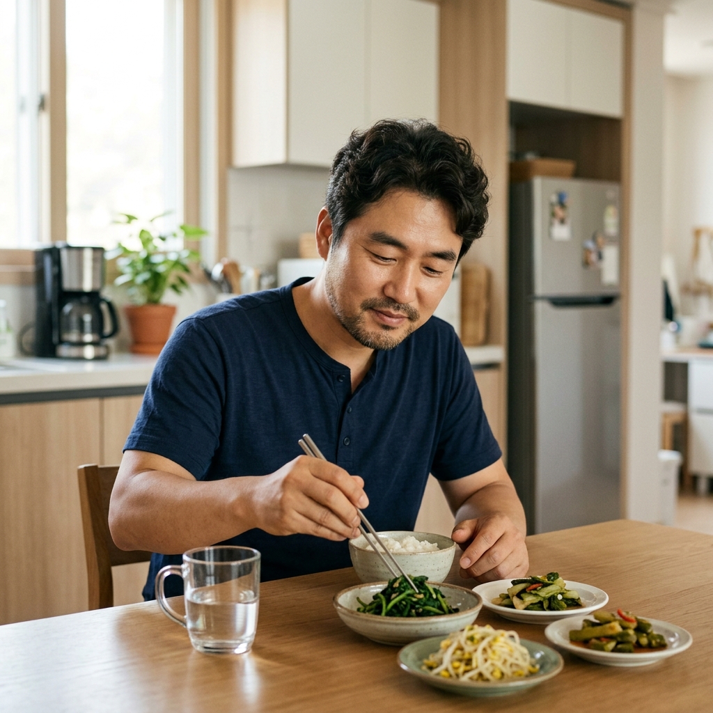 식탁에 앉아 채소 반찬을 골라 먹는 60대 한국인 남성, 앞에 부드럽게 조리된 나물과 물컵이 놓인 주방 배경