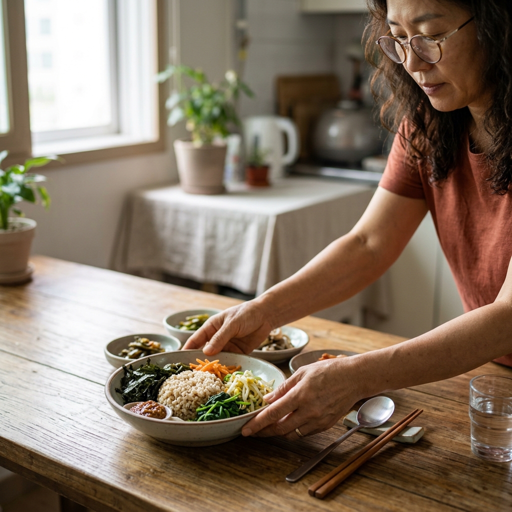 식탁 위에 통곡물밥과 해조류, 채소가 담긴 그릇을 놓고 식사를 준비하는 중장년층의 손