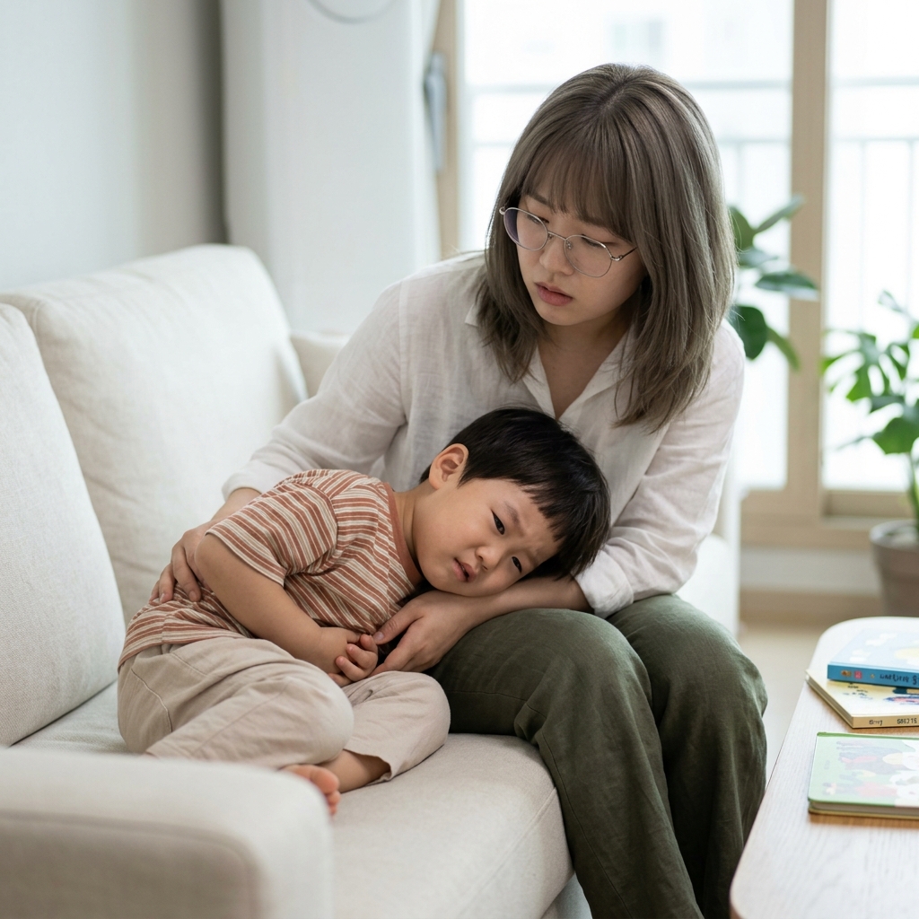 배가 불편해 보이는 3세 아동이 소파에 앉아 배를 감싸고 있고, 옆에서 보호자가 걱정스럽게 지켜보는 실내 장면