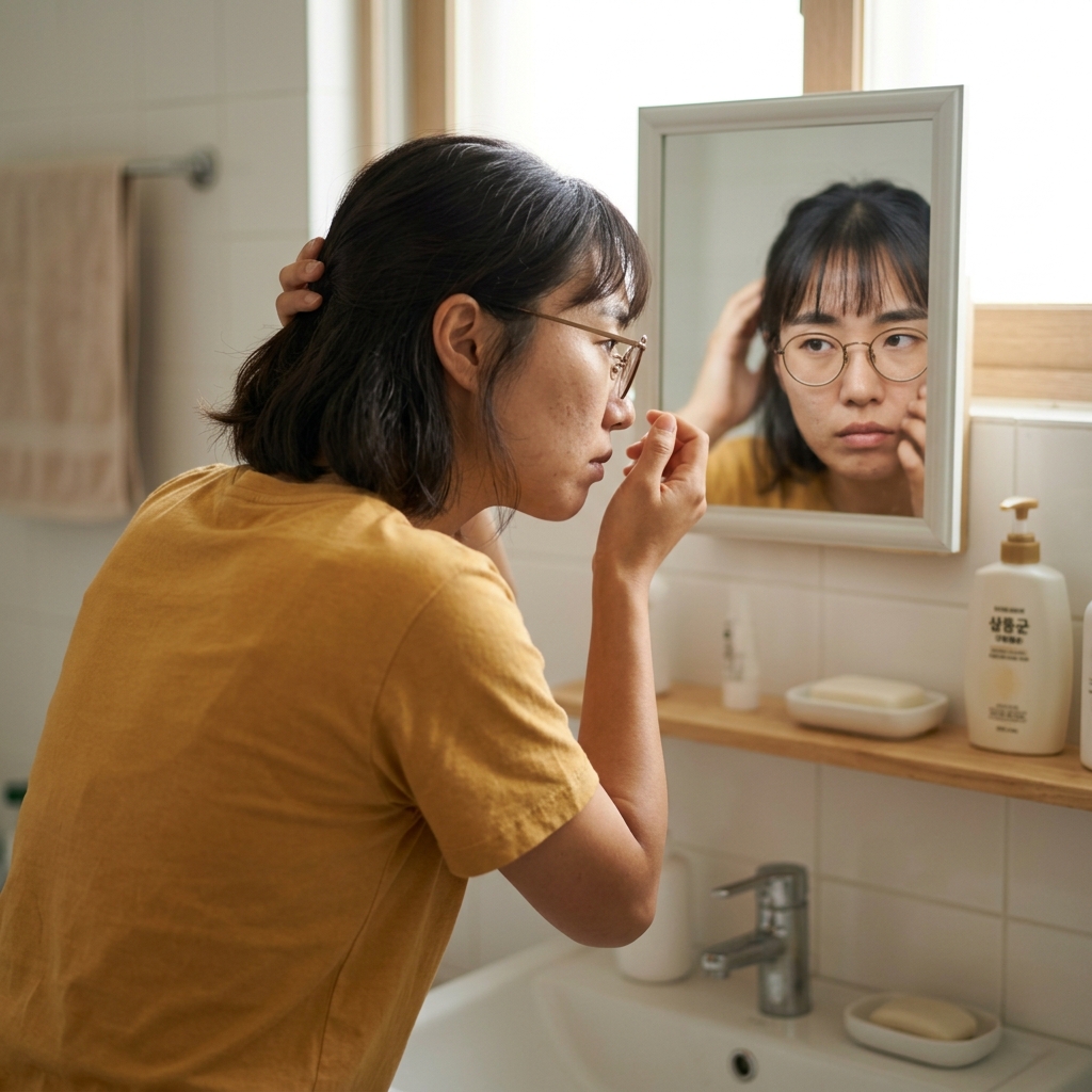 밝은 자연광 아래 거울을 보며 얼굴 피부 상태를 확인하는 40대 여성