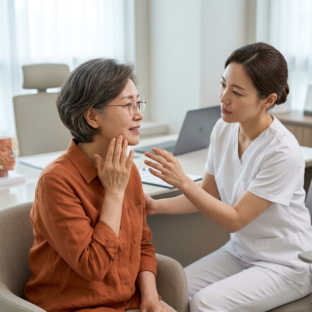 50대 중반 여성이 피부과 상담실에서 의료진과 얼굴 윤곽선을 확인하며 대화하는 장면