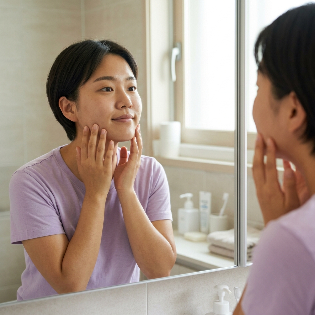 60대 초반 여성이 거울 앞에서 턱선과 볼 라인을 손으로 따라가며 확인하는 장면