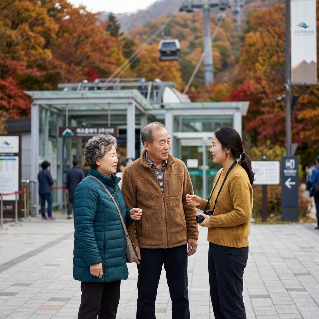 70대 부모와 성인 자녀가 가을 산 케이블카 탑승장 앞에서 단풍 배경으로 대화하는 모습