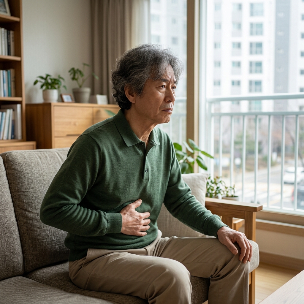70대 중반 한국인 남성이 거실 소파에 앉아 복부를 가볍게 누르며 불편한 표情으로 창밖을 바라보는 모습, 자연광, 차분한 실내