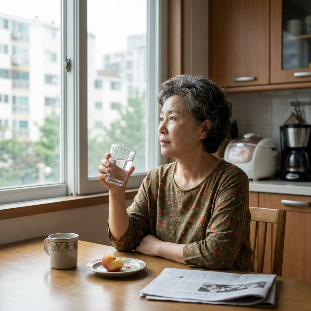 70대 초반 한국인 여성이 부엌 식탁에서 물 한 잔을 들고 창밖을 바라보는 모습, 아침 자연광, 조용한 분위기