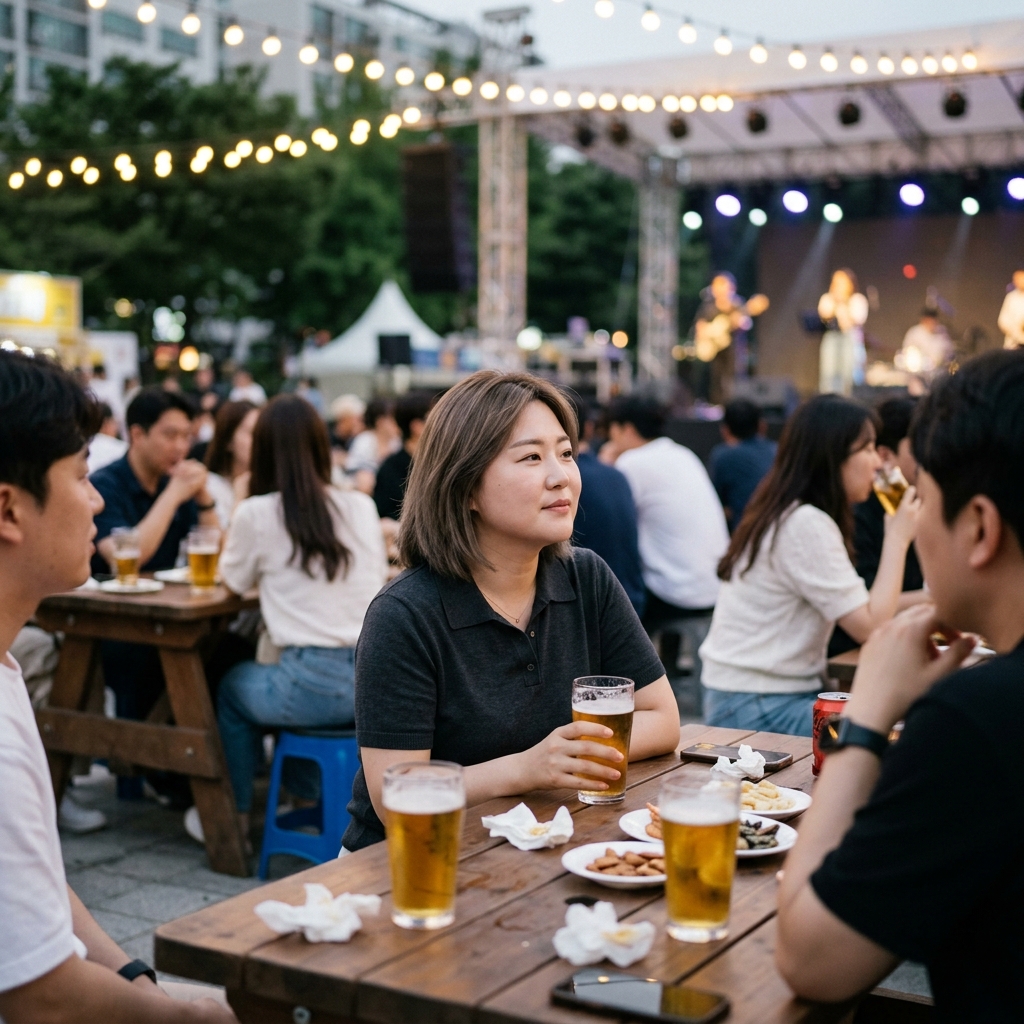 무대 공연을 보며 야외 테이블에서 맥주를 즐기는 저녁 풍경