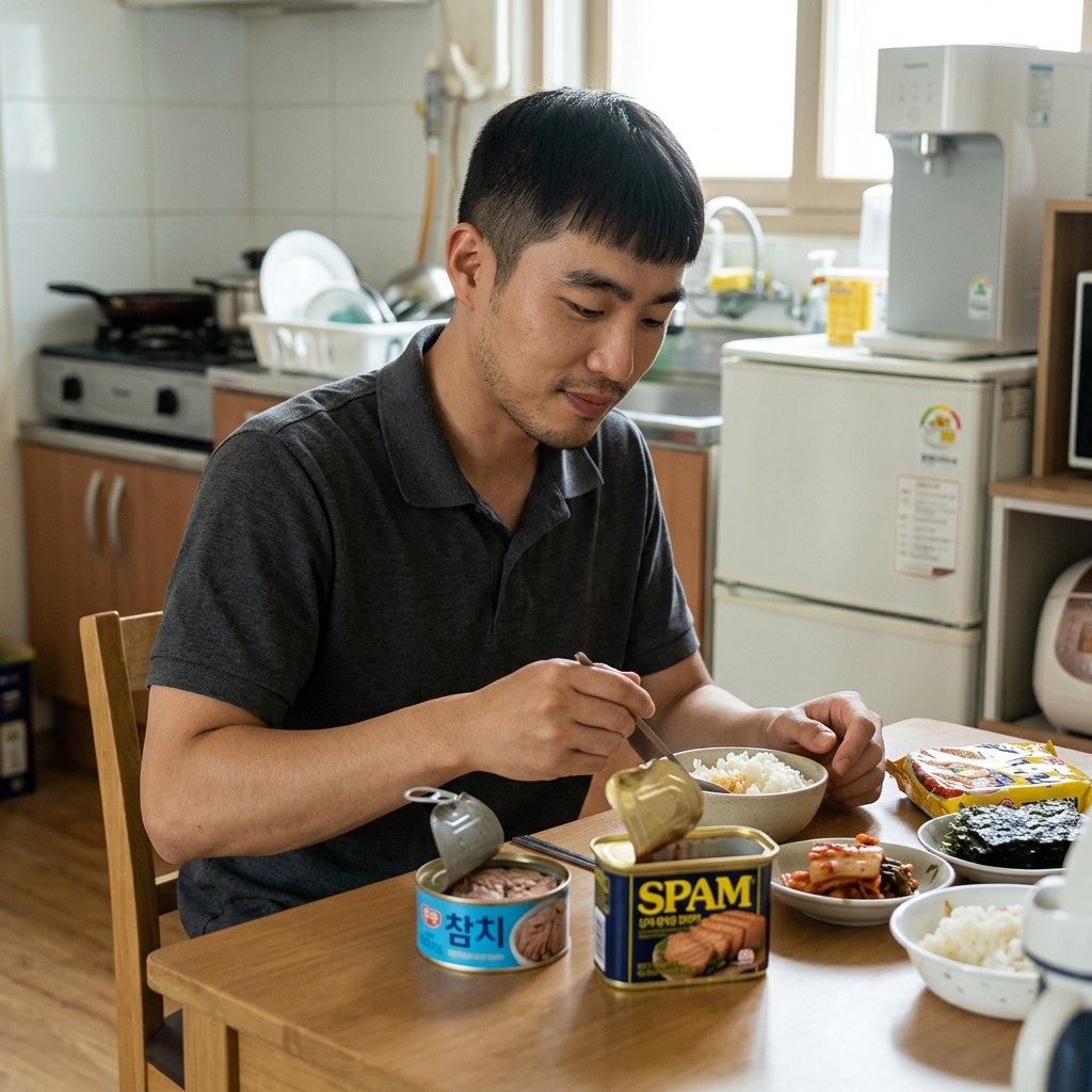 참치캐과 스팸 캔이 놓인 자취방 주방 테이블 장면