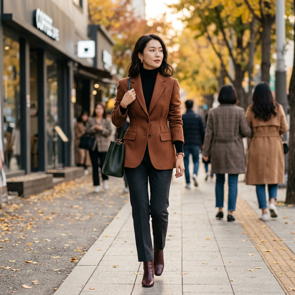 아워글래스 실루엣 블레이저를 입은 모델의 가을 스트리트 룩