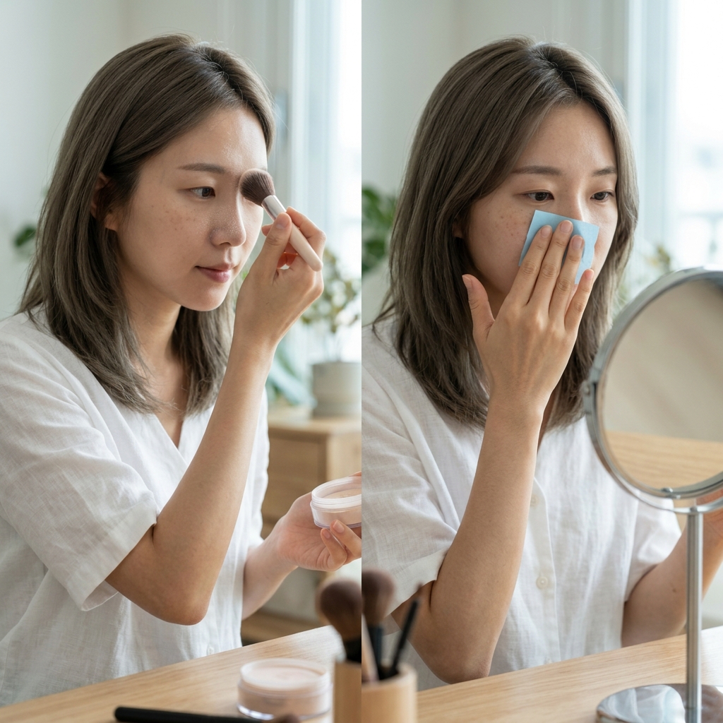 얼굴 T존에 파우더를 바르는 모습과 기름종이로 유분을 눌러 제거하는 장면 비교