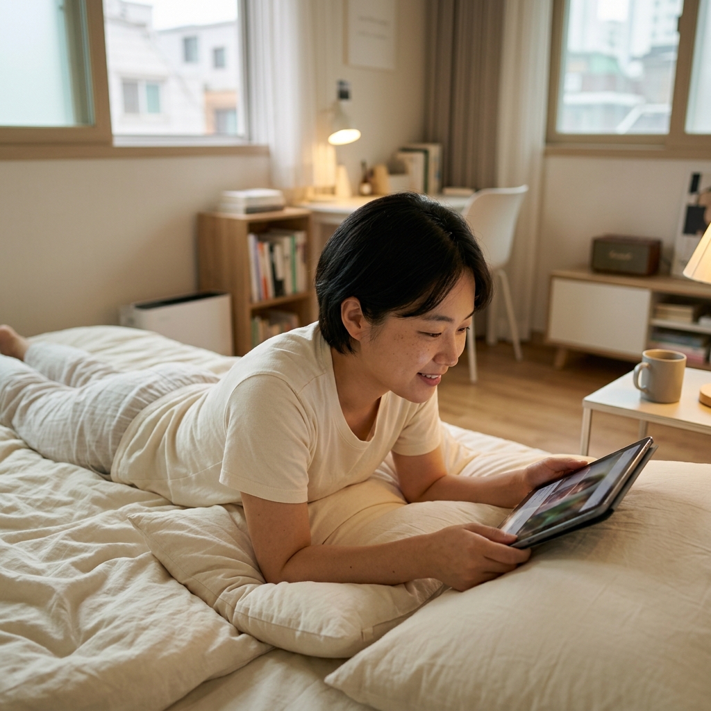 침대에 편하게 누워 태블릿으로 긴 영상을 보며 여유를 즐기고 있는 한국인 청년의 모습, 따뜻한 실내 조명