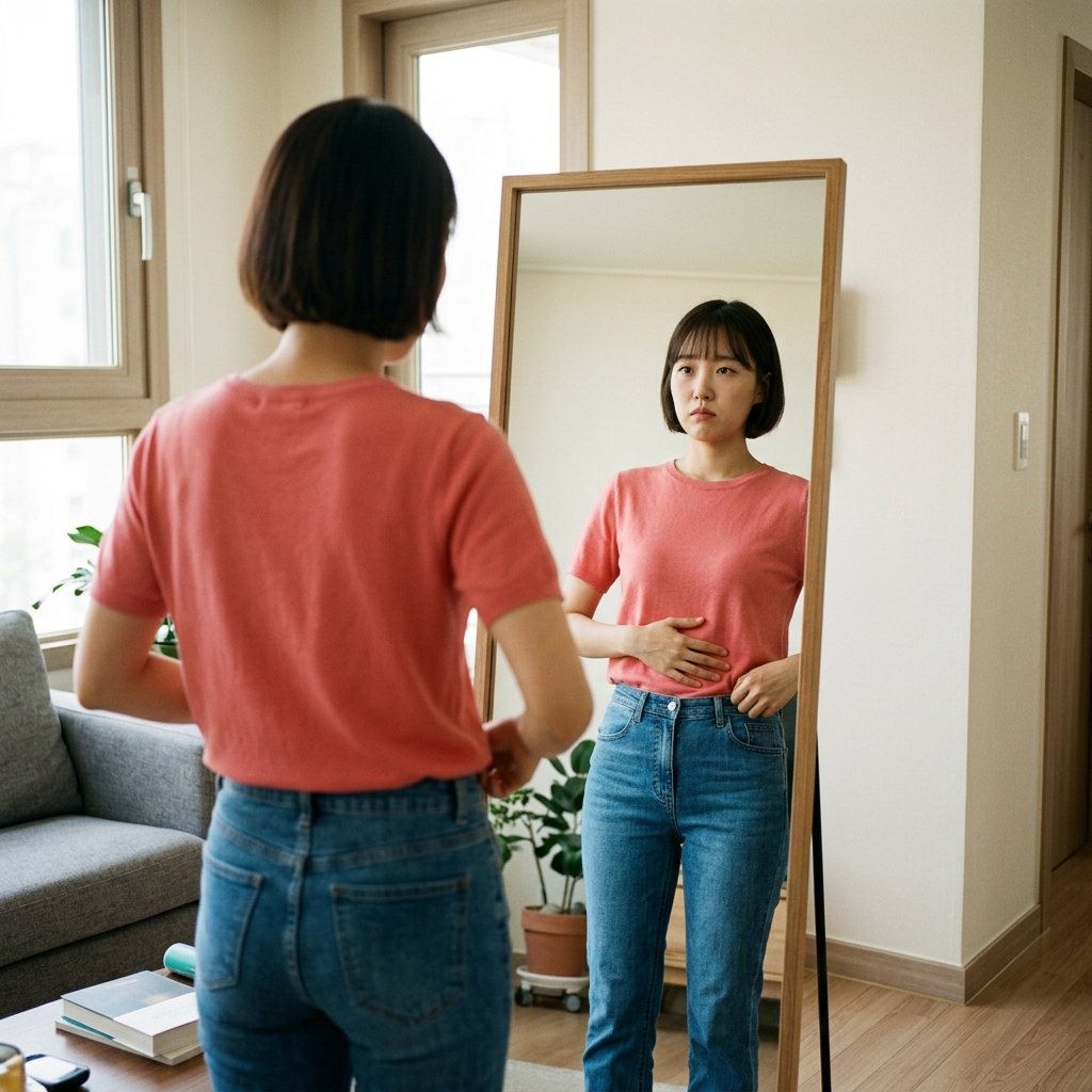 거실에서 한국인 20대 여성이 거울 앞에 서서 배에 힘을 주며 허리선을 확인하는 모습