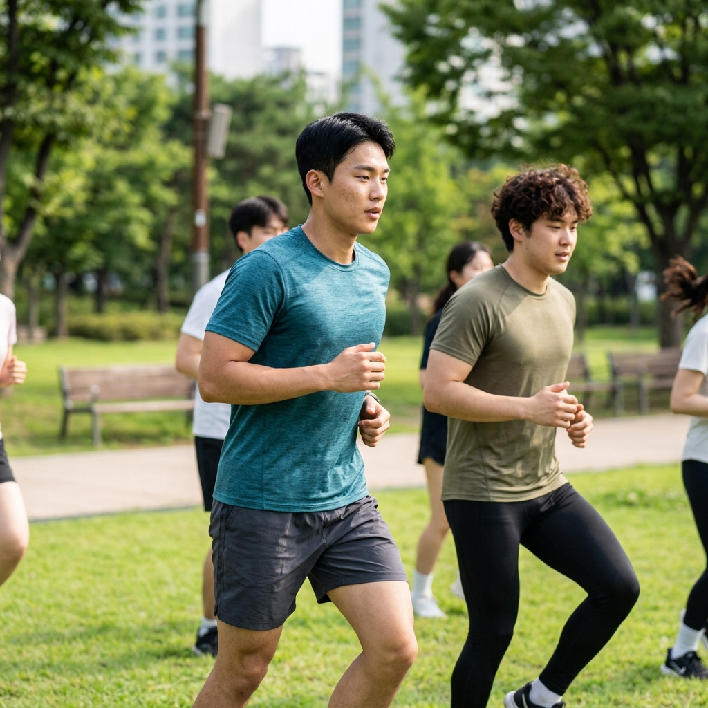 야외에서 함께 운동하는 청년들의 모습