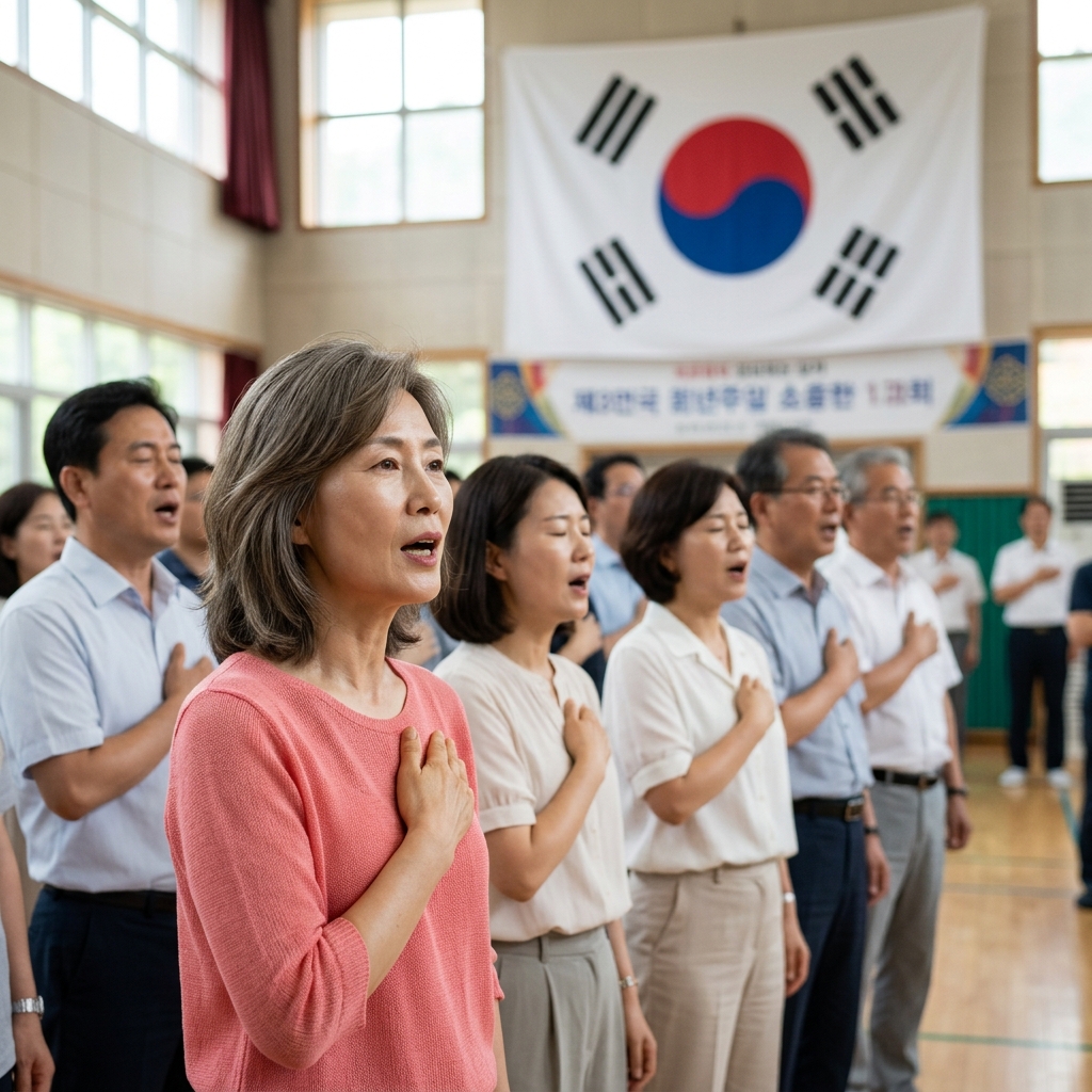태극기 앞에서 애국가를 제창하는 사람들의 모습