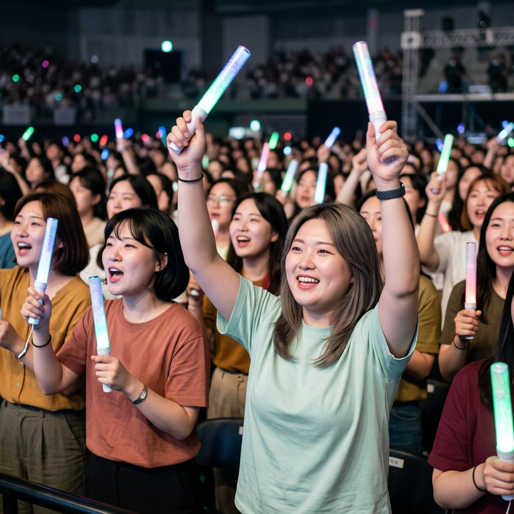 콘서트장에서 조명봉을 들고 함께 응원하는 팬들의 모습