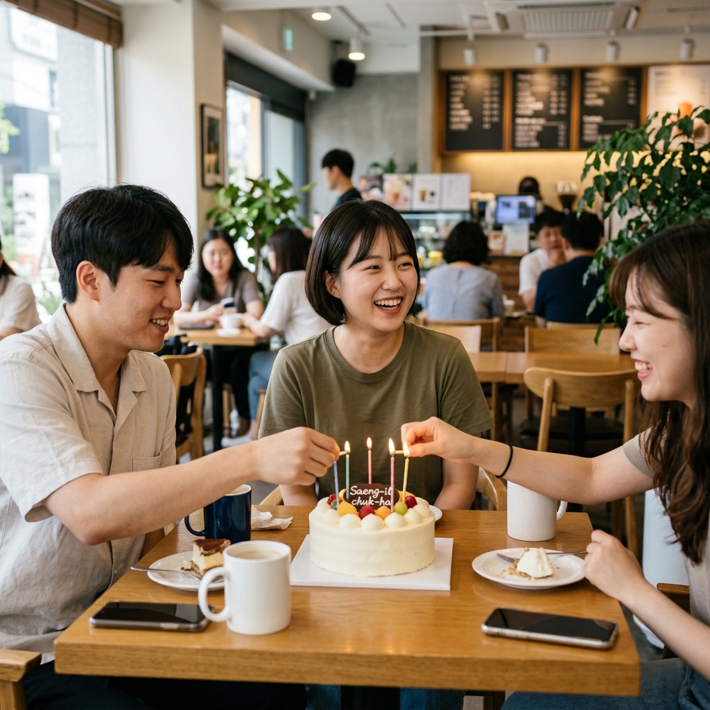 케이크 앞에서 미소 짓는 젊은 사람들의 모습