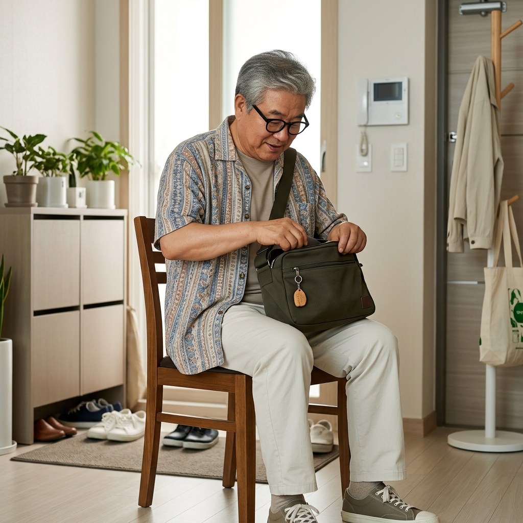70대 어르신이 현관 앞 의자에 앉아 외출 준비를 하며 가방 속 물건을 확인하는 모습, 실내 조명 아래 차분한 분위기