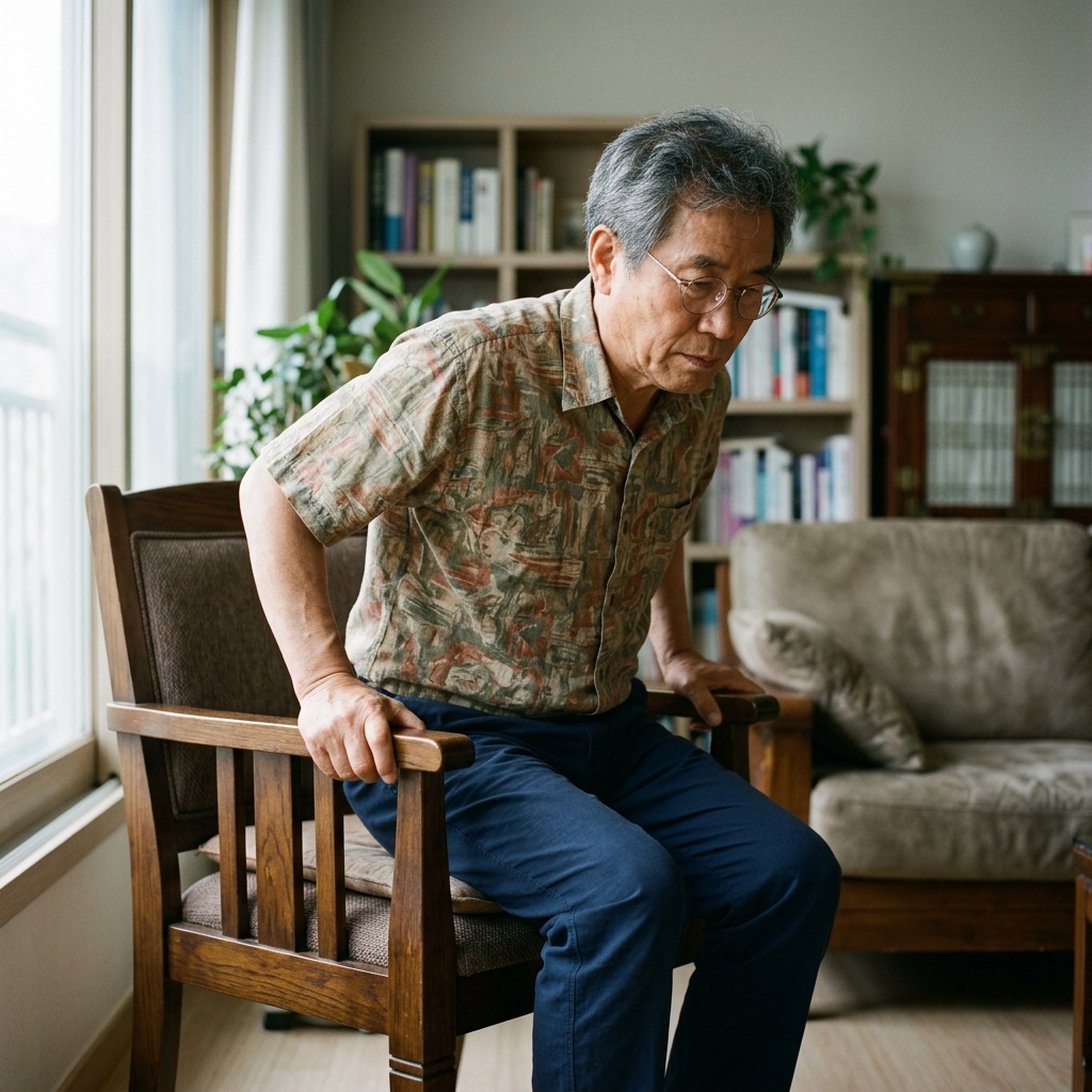 팔걸이가 있는 단단한 의자에 앉아 손으로 지지하며 일어서는 70대 한국인의 모습
